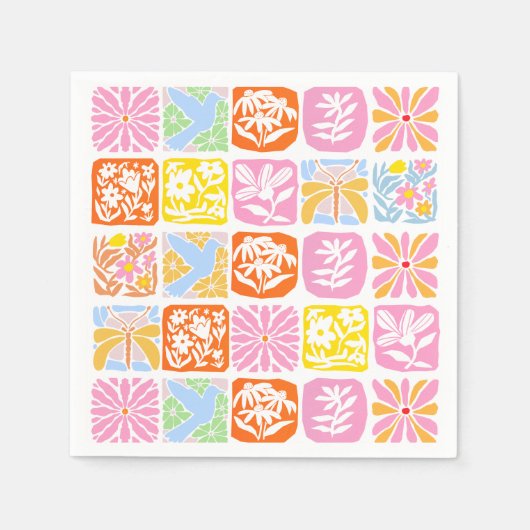 Farbenfrohe florale Tile Botanische Folk Whimsical Serviette (Vorderseite)