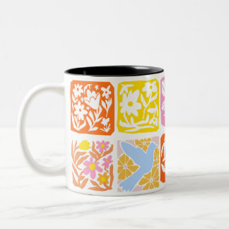 Farbenfrohe florale Tile Botanische Folk Whimsical Zweifarbige Tasse