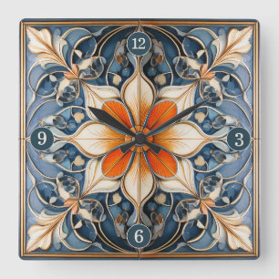 Farbenfrohe florale Tile Pattern#9 Blue Ivory ID10 Quadratische Wanduhr