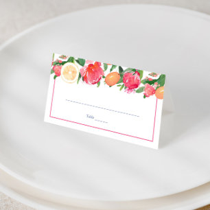 Farbenfrohe Florals Citrus Blue Spanish Tiles Wedd Platzkarte