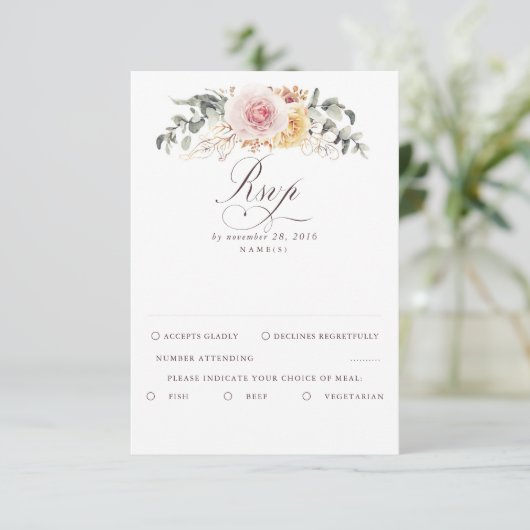 Farbenfrohe Foliage Boho Wedding RSVP (Stehend Vorderseite)