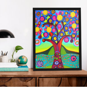 Farbenfrohe Folk Art Style Tree Fotodruck