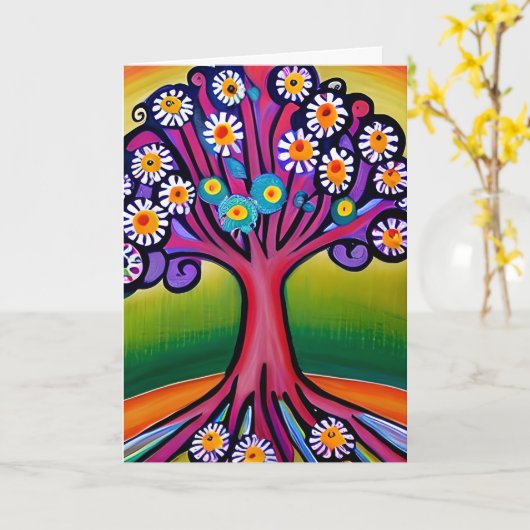 Farbenfrohe Folk Art Style Whimsical Tree | Geburt Karte (Gelbe Blume)