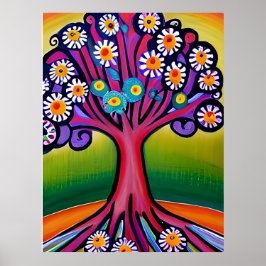 Farbenfrohe Folk Art Style Whimsical Tree Poster