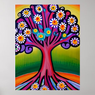 Farbenfrohe Folk Art Style Whimsical Tree Poster