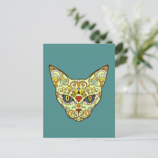 Farbenfrohe Folk Art Sugar Magical Cat Postkarte (Stehend Vorderseite)