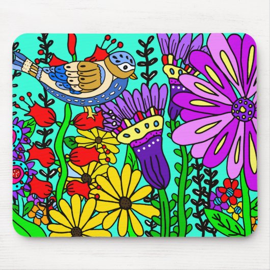 Farbenfrohe Folklore Art Bird und Blume Mousepad (Vorne)