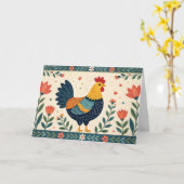 Farbenfrohe Folklore Art Chicken & Blume Border Karte (Gelbe Blume)