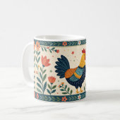 Farbenfrohe Folklore Art Hühnchen und Blume Grenze Kaffeetasse (Vorderseite Links)