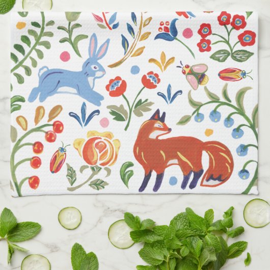 Farbenfrohe Folklore Tierwald Floral Rabbit Fox Geschirrtuch (Gefaltet)