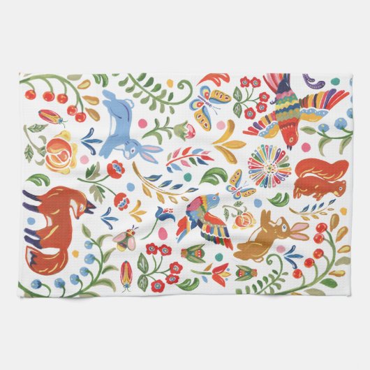 Farbenfrohe Folklore Tierwald Floral Rabbit Fox Geschirrtuch (Horizontal)