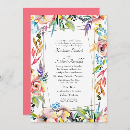 Farbenfrohe formelle, lebendige, blumenreiche Elte Einladung (Vorne/Hinten)