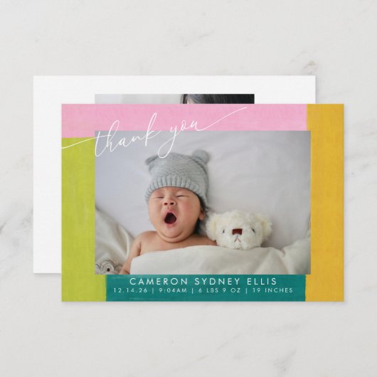 Farbenfrohe Formen Script Baby Two Foto Message Dankeskarte (Vorne/Hinten)