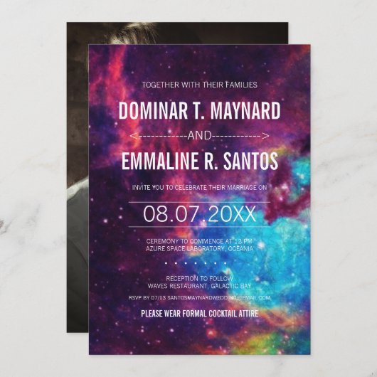 Farbenfrohe Foto Galaxy Hochzeit Einladung (Vorne/Hinten)