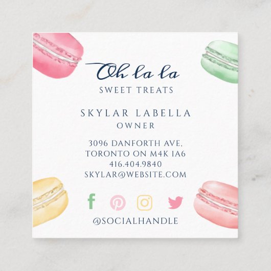 Farbenfrohe französische Macaron Bäckerei & Süßigk Quadratische Visitenkarte (Rückseite)