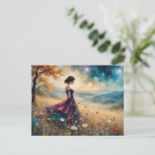farbenfrohe Frau auf dem Hügel der Blume Postkarte (Stehend Vorderseite)