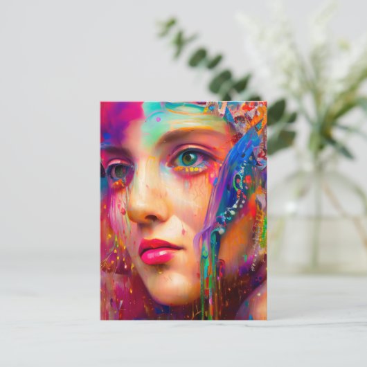 Farbenfrohe Frau in malerischer Postkarte (Stehend Vorderseite)