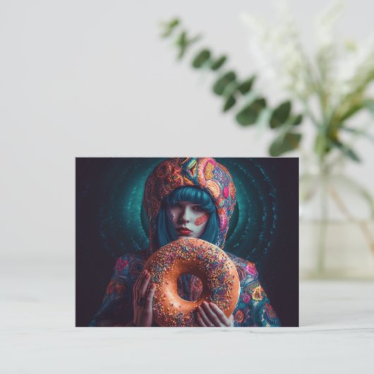 Farbenfrohe Frau mit Donut Postkarte (Stehend Vorderseite)