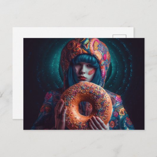 Farbenfrohe Frau mit Donut Postkarte (Vorne/Hinten)