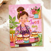Farbenfrohe Frau mit Kuchen Illustriert Geburtstag
