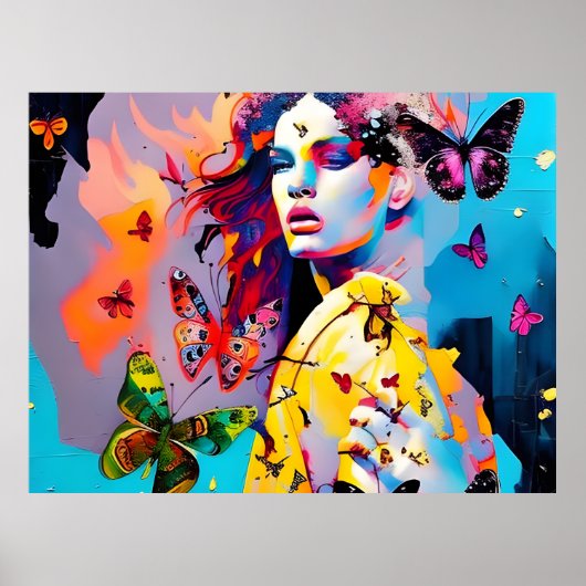 Farbenfrohe Frau und Schmetterlinge Poster (Vorne)