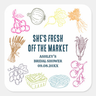 Farbenfrohe Fresh Off the Market Bridal Shower Quadratischer Aufkleber