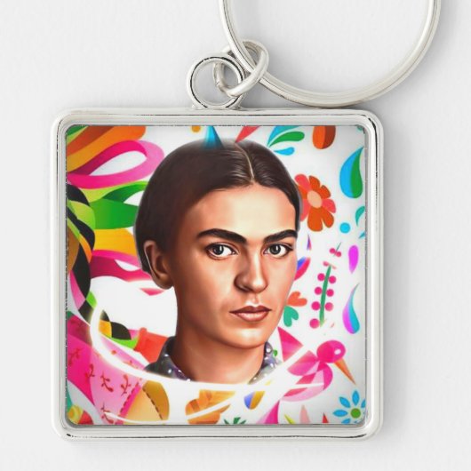 Farbenfrohe Frida Kahlo Cartoon Blume Muster Schlüsselanhänger (Vorne)
