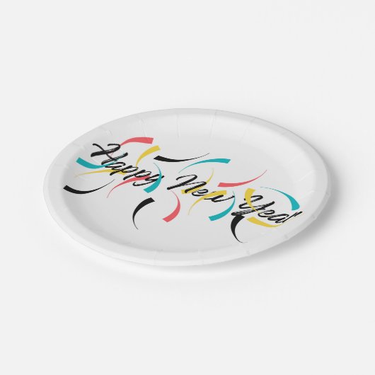 Farbenfrohe, fröhliche Gestaltung von "Happy New Y Pappteller (Schrägansicht)