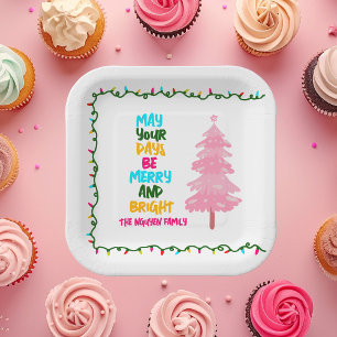Farbenfrohe Fröhliche Helle Rosa Weihnachtsbaum-Pa Pappteller