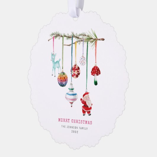 Farbenfrohe, fröhliche Weihnachtsfamilie Foto Ornament Karte (Links)