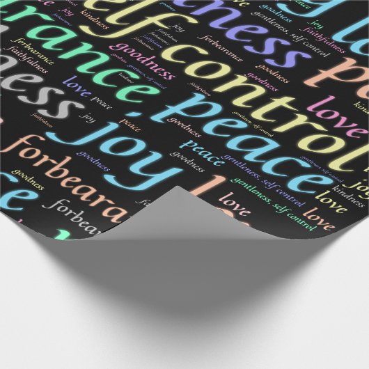 Farbenfrohe Frucht des Geistes in Word Cloud Geschenkpapier (Ecke)