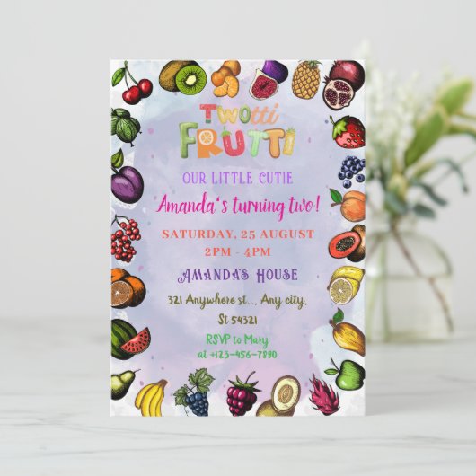 Farbenfrohe Frucht Wasserfarbe Twotti Frutti Gebur Einladung (Stehend Vorderseite)
