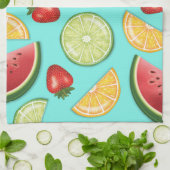 Farbenfrohe Früchte auf blauem, süßem Sommermuster Geschirrtuch (Gefaltet)