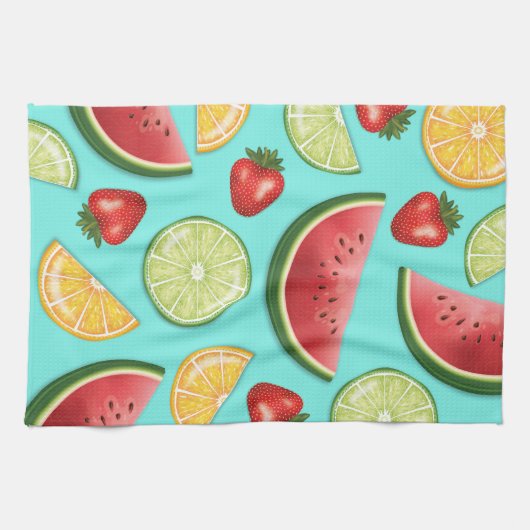 Farbenfrohe Früchte auf blauem, süßem Sommermuster Geschirrtuch (Horizontal)