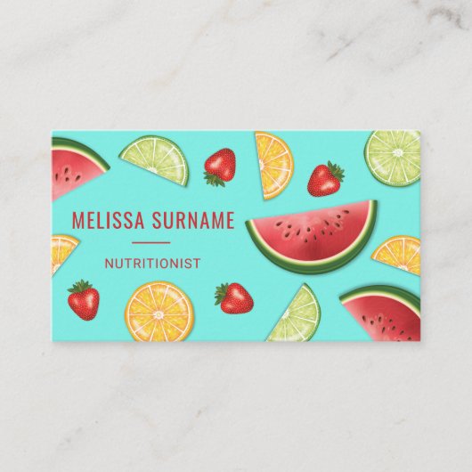 Farbenfrohe Früchte auf blauer Diätistische Ernähr Visitenkarte (Vorderseite)