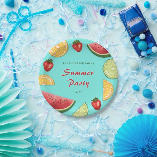 Farbenfrohe Früchte auf Blue Family Summer Party Pappteller (Party)