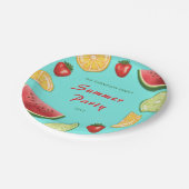 Farbenfrohe Früchte auf Blue Family Summer Party Pappteller (Schrägansicht)