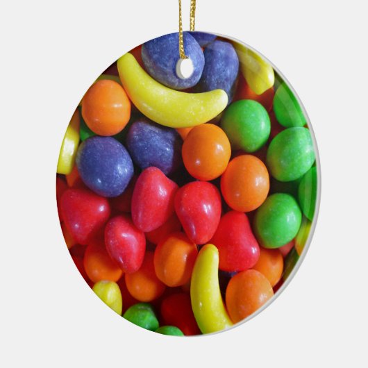 Farbenfrohe Früchte in Form von Süßigkeiten Keramikornament (Links)