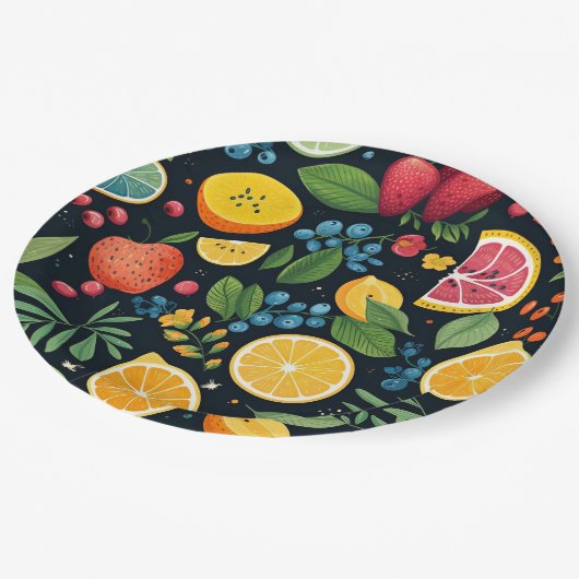 Farbenfrohe Fruchtmuster Pappteller (Schrägansicht)