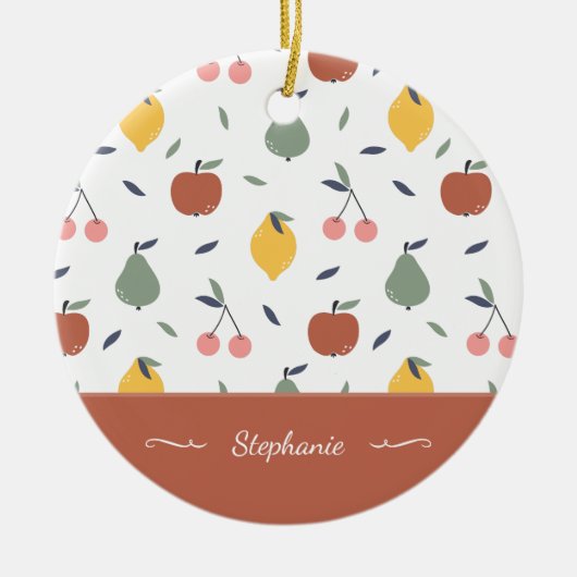 Farbenfrohe Fruchtmuster Vorname Roter Weihnachten Keramik Ornament (Vorne)