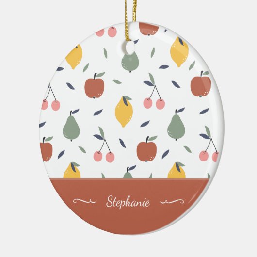 Farbenfrohe Fruchtmuster Vorname Roter Weihnachten Keramik Ornament (Links)