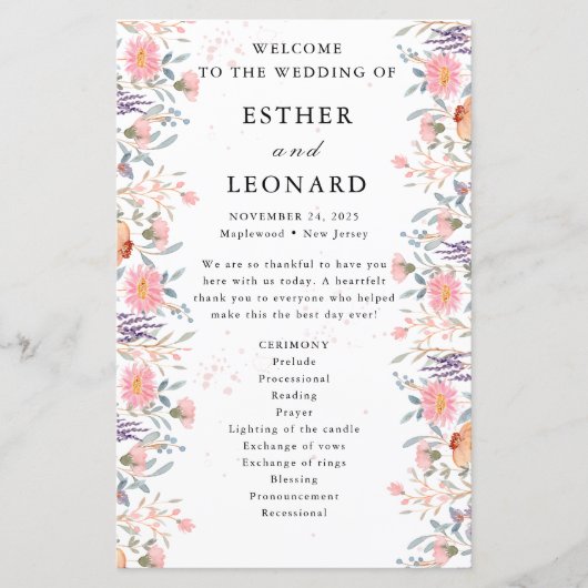Farbenfrohe Frühjahrs-Wildblume-Hochzeitsprogramm (Vorderseite)