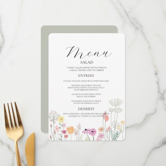 Farbenfrohe Frühjahrsmenü-Wildblume Einladung (Vorderseite/Rückseite Beispiel)