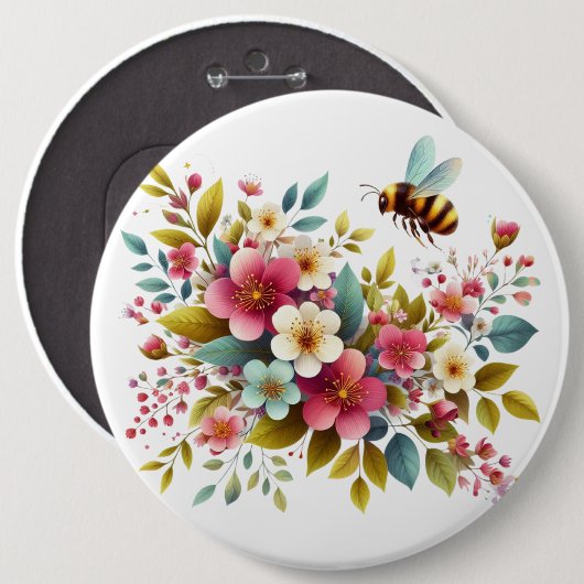 Farbenfrohe, Frühlings-/Blütenbiene Button (Vorne & Hinten)