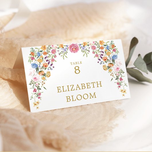 Farbenfrohe Frühlings-Wildblumen-Hochzeitssitzordn Tischnummer