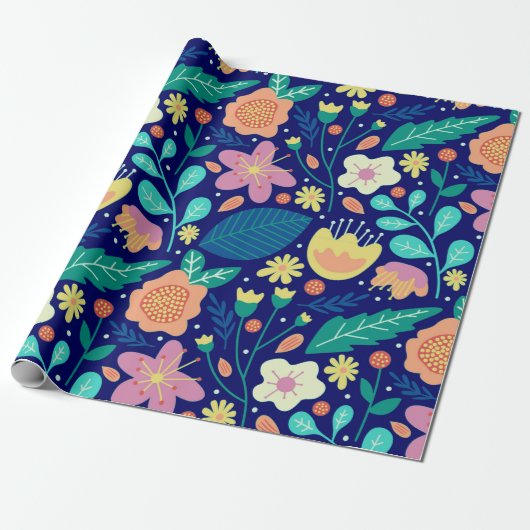 Farbenfrohe Frühlingsblumen auf blau Geschenkpapier (Ungerollt)