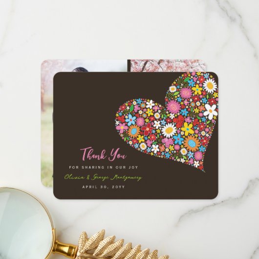 Farbenfrohe Frühlingsblumen Herz Whimsikale Hochze Dankeskarte (Vorderseite/Rückseite Beispiel)