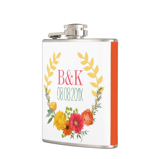 Farbenfrohe Frühlingsblumen Hochzeitskranz Flachmann (Links)