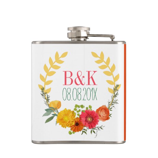 Farbenfrohe Frühlingsblumen Hochzeitskranz Flachmann (Rückseite)