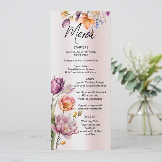 Farbenfrohe Frühlingsblumen Hochzeitsmenü Menükarte (Stehend Vorderseite)